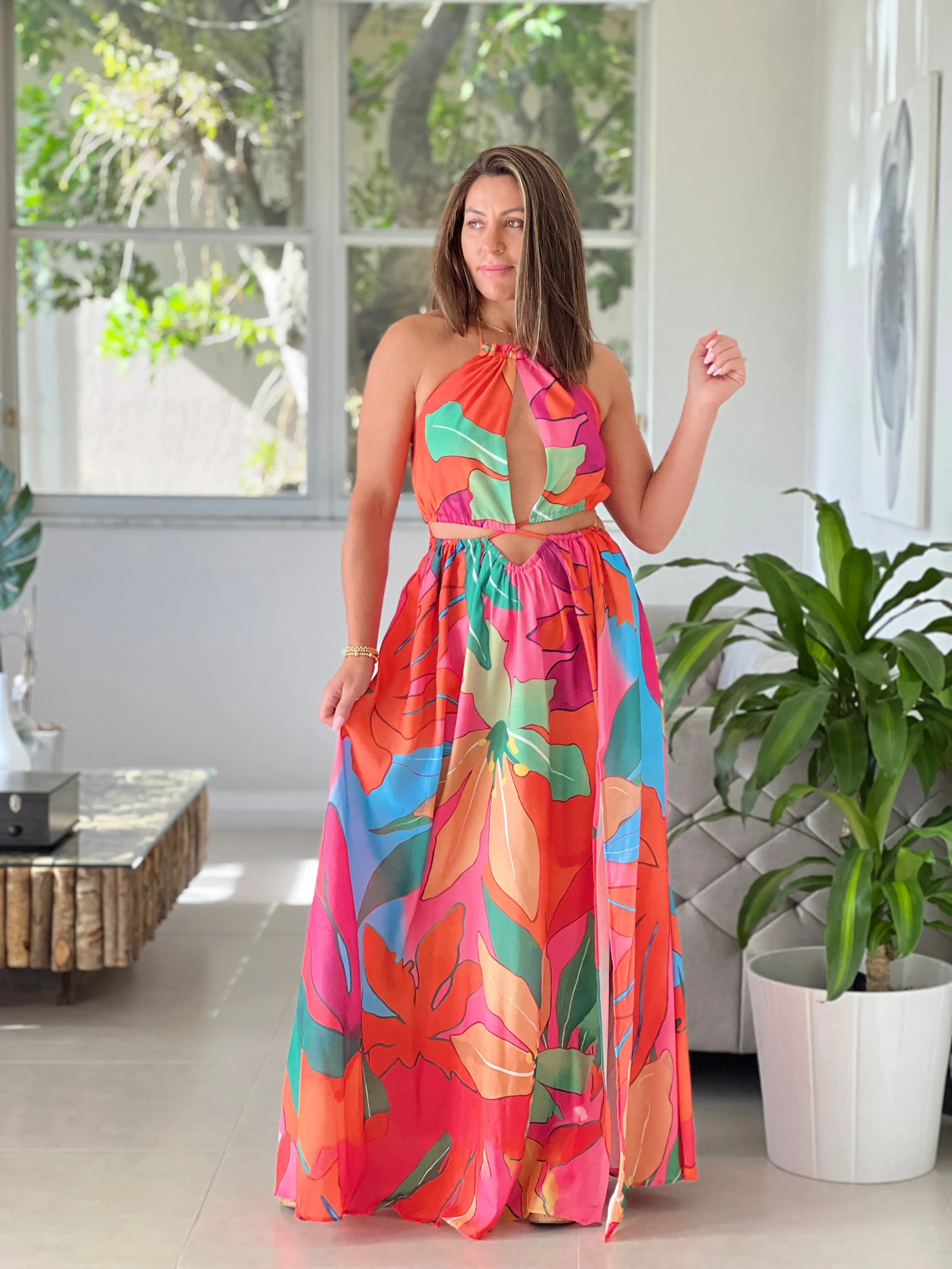 "Suly" Tropical Flower Print Maxi Dress