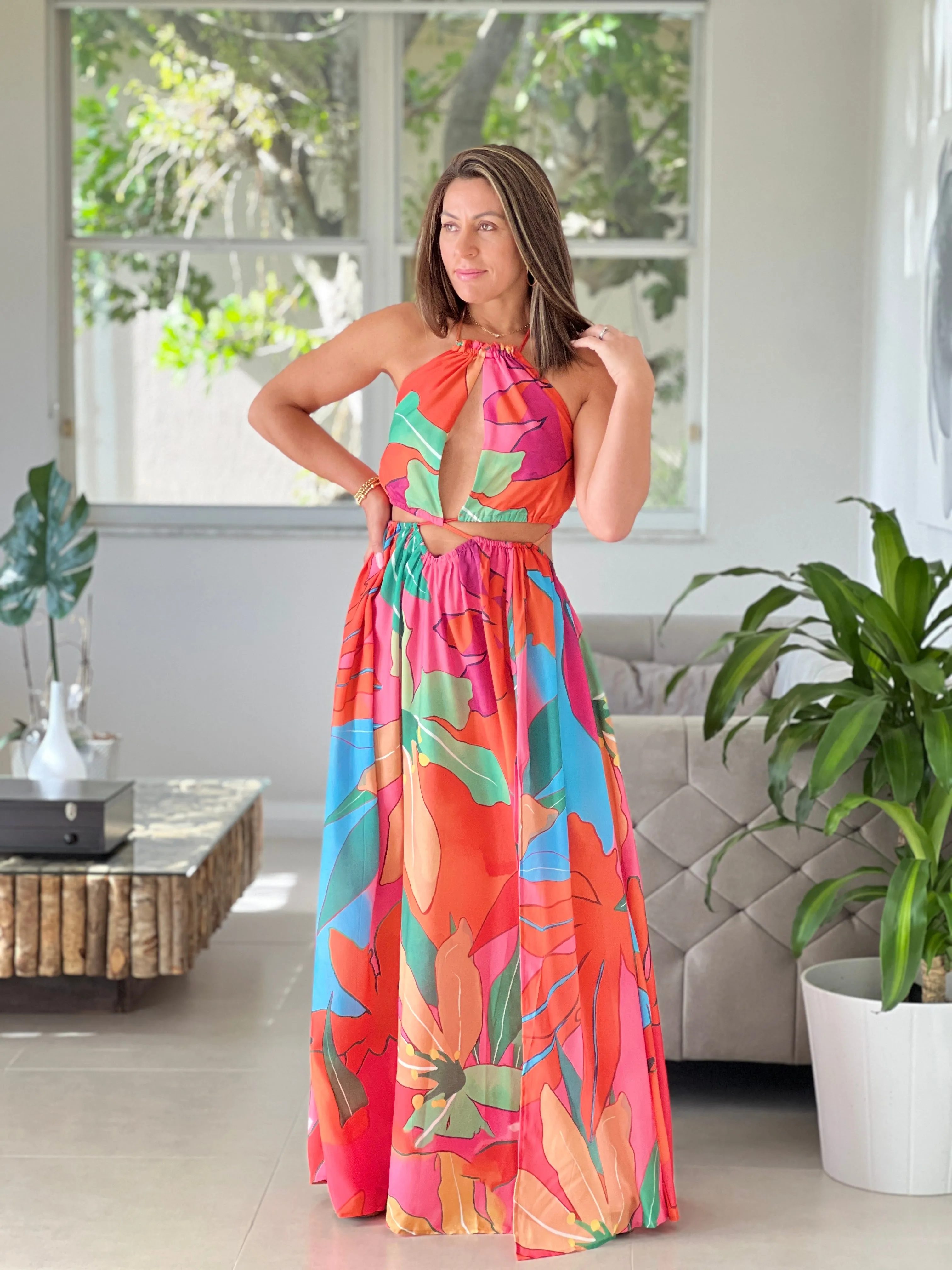 "Suly" Tropical Flower Print Maxi Dress
