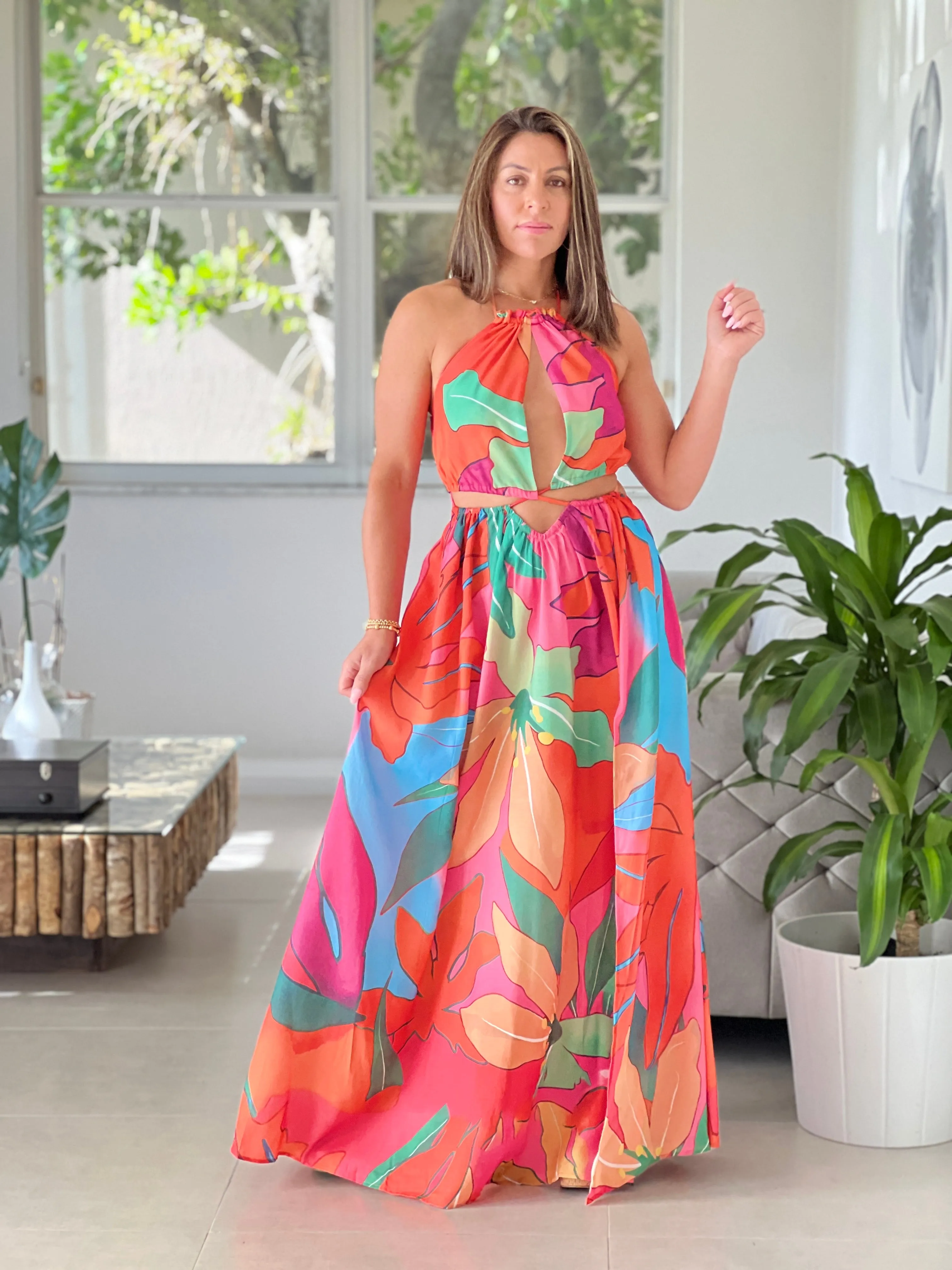 "Suly" Tropical Flower Print Maxi Dress