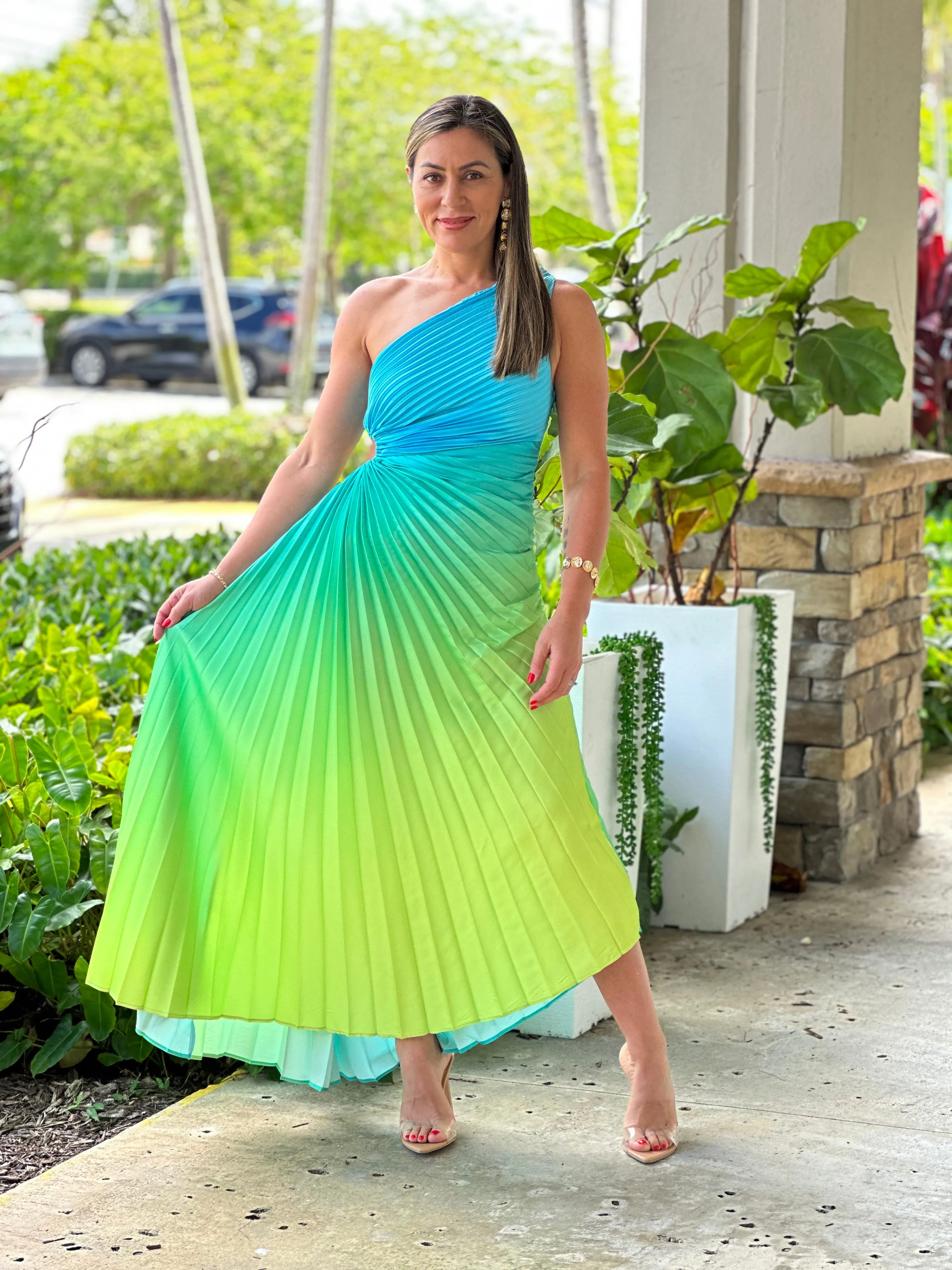 "Venice"Ombre Pleaded One Shoulder Sleeve Maxi Dress