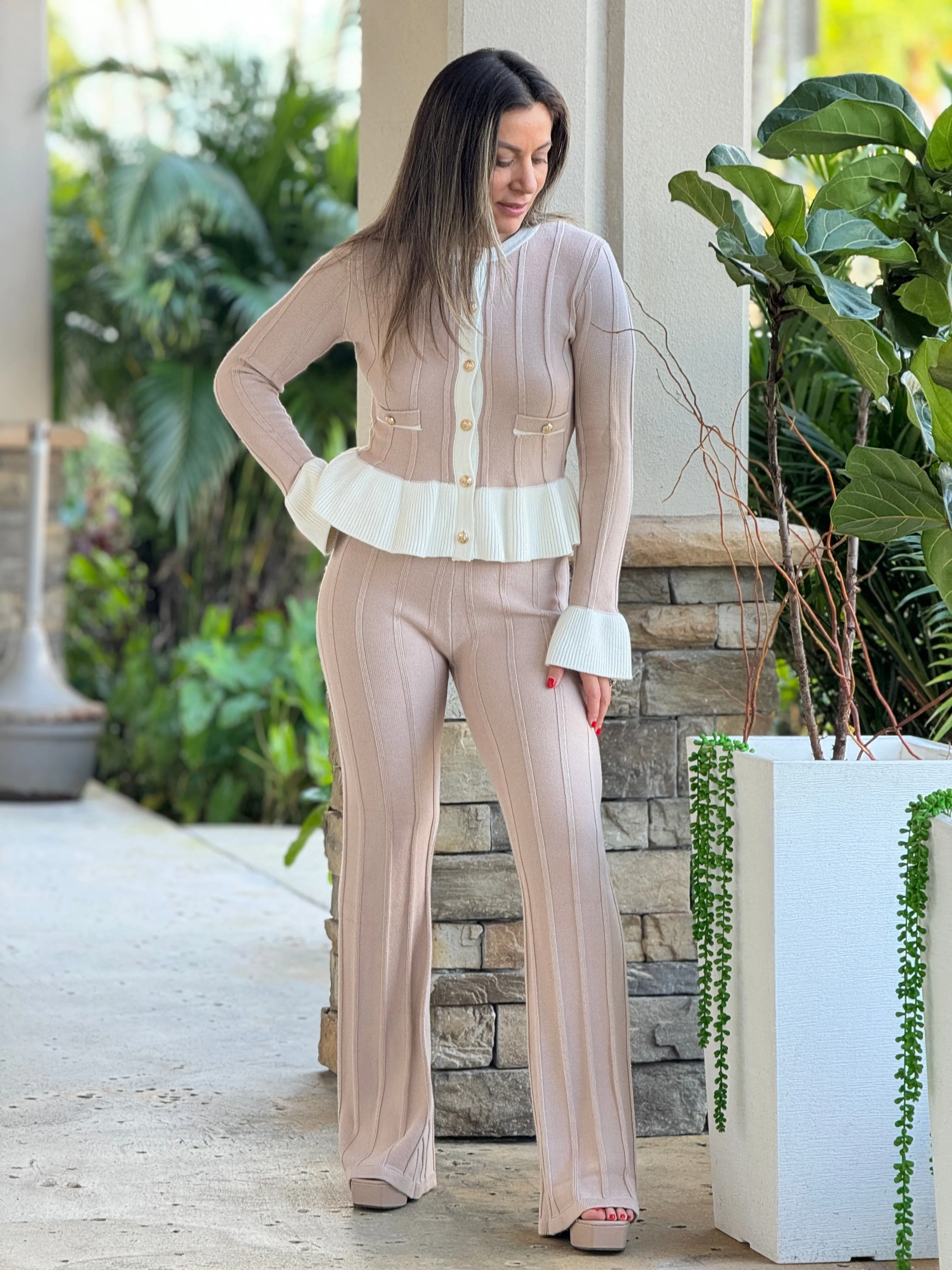 "Violet" Rib Knit Cardigan With Ruffle And Pants Set