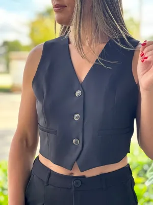 "Zoe" Cropped Blazer Vest With Button- Up