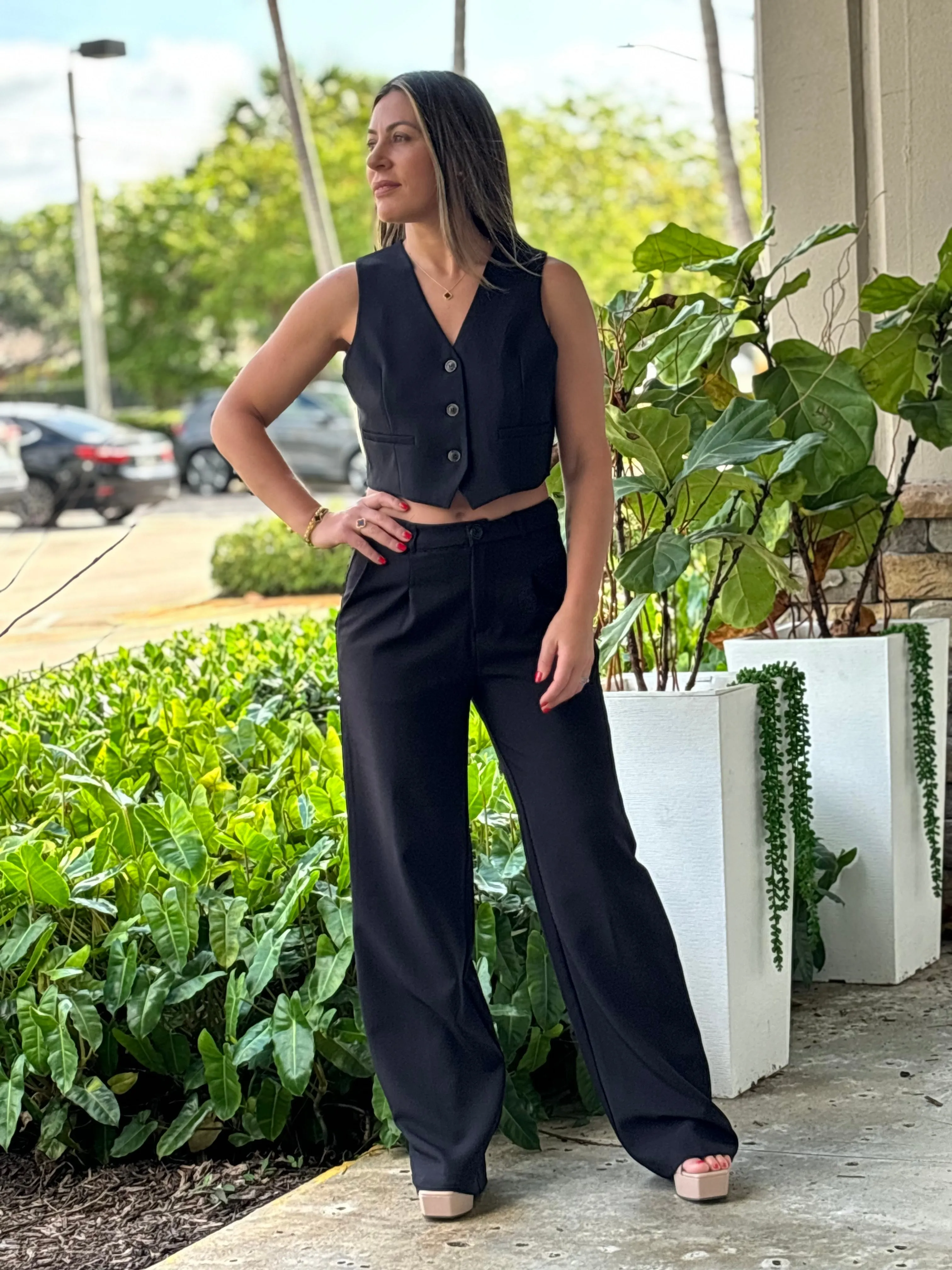 "Zoe" Cropped Blazer Vest With Button- Up