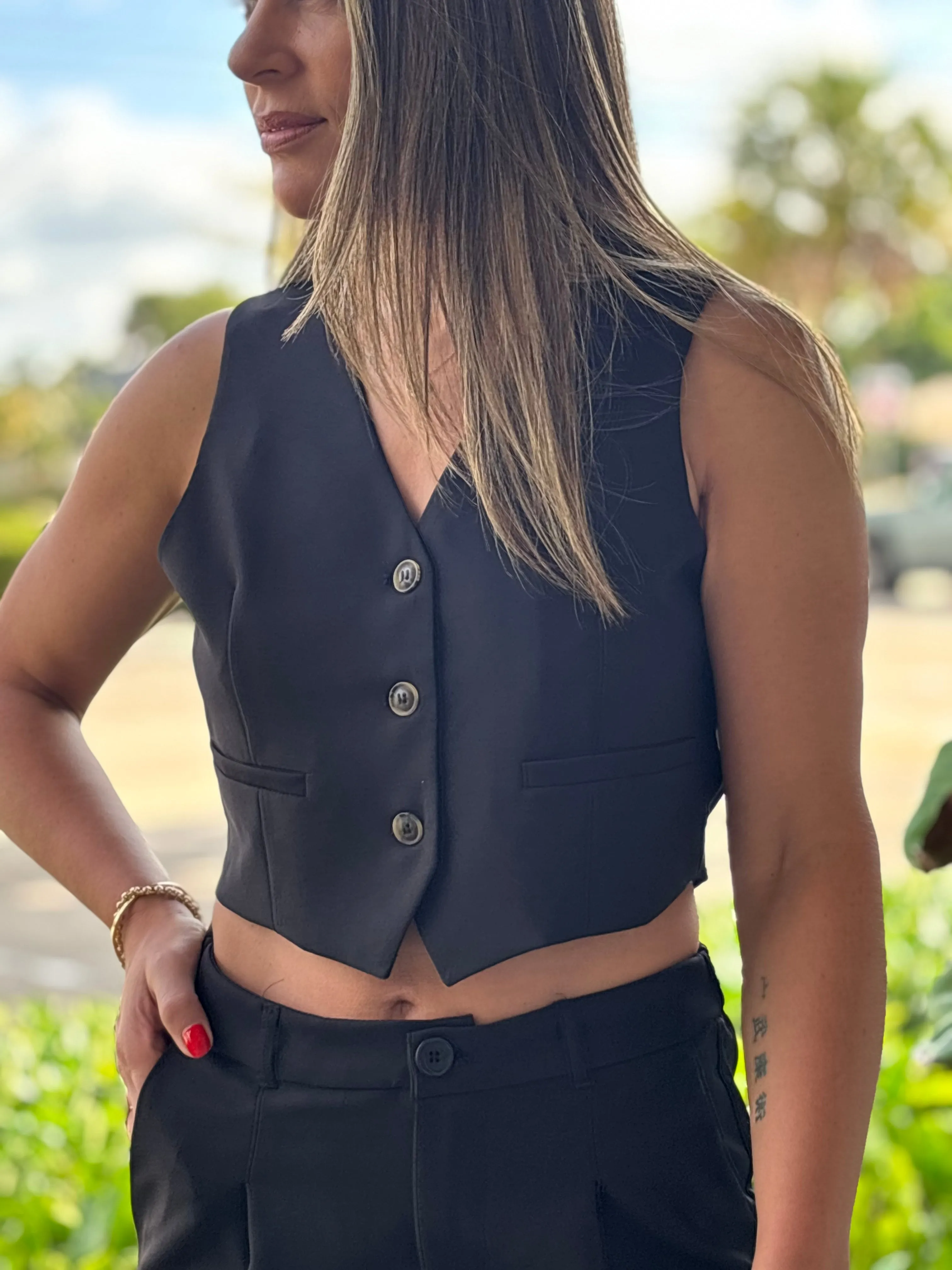 "Zoe" Cropped Blazer Vest With Button- Up