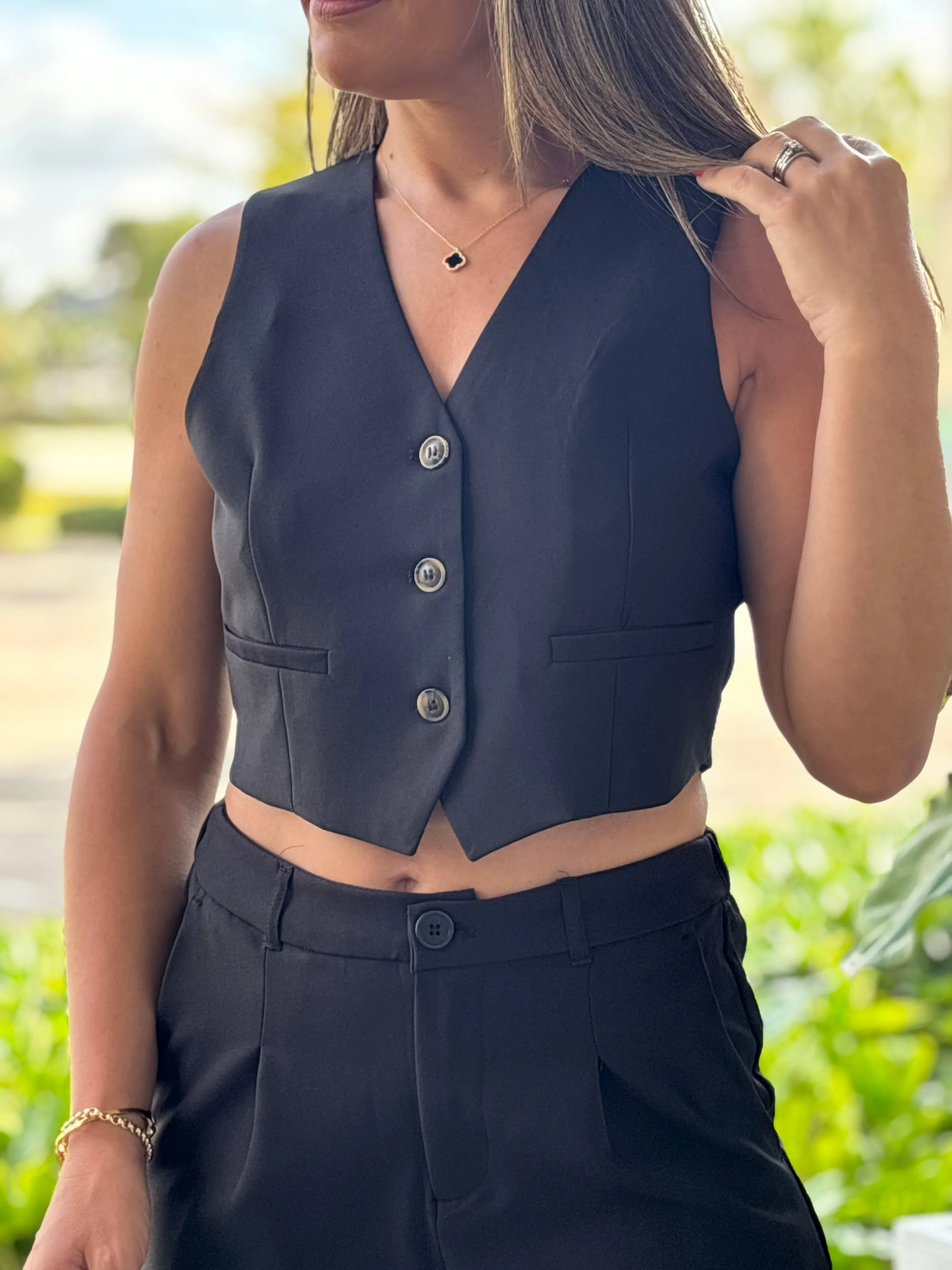 "Zoe" Cropped Blazer Vest With Button- Up