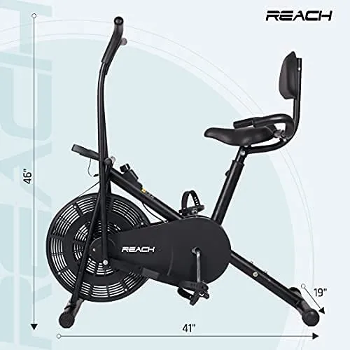 Reach AB-110 BH Air Bike Exercise Cycle with Moving or Stationary Handle | with Back Support Seat & Side Handle for Support | Adjustable Resistance with Cushioned Seat | Fitness Cycle for Home Gym