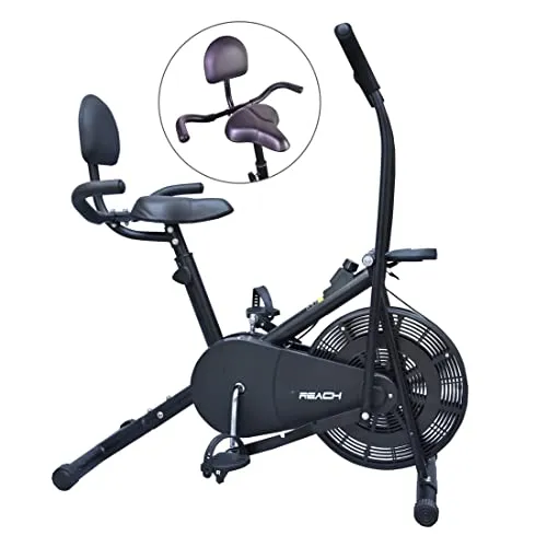 Reach AB-110 BH Air Bike Exercise Cycle with Moving or Stationary Handle | with Back Support Seat & Side Handle for Support | Adjustable Resistance with Cushioned Seat | Fitness Cycle for Home Gym