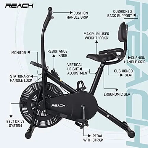 Reach AB-110 BH Air Bike Exercise Cycle with Moving or Stationary Handle | with Back Support Seat & Side Handle for Support | Adjustable Resistance with Cushioned Seat | Fitness Cycle for Home Gym
