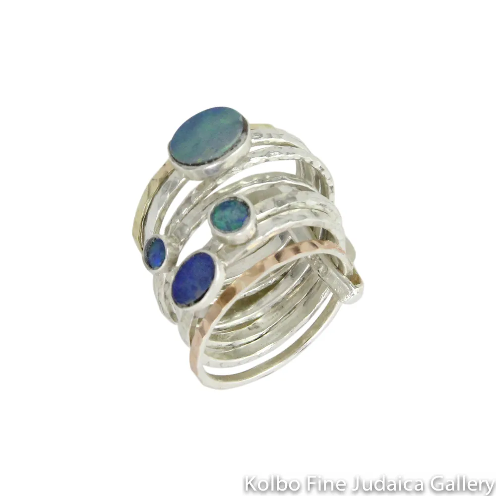 Ring, Stackable Hammered Bands with Blue Opals, Sterling Silver and Gold Filled