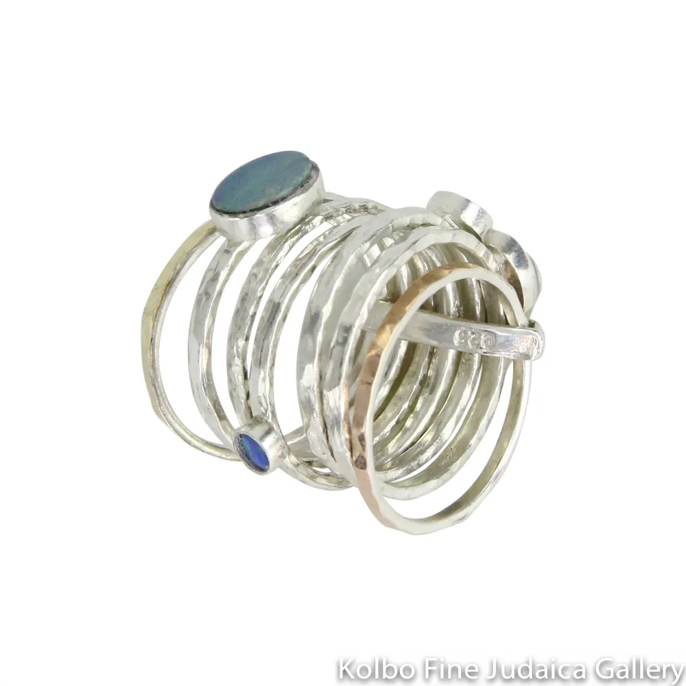 Ring, Stackable Hammered Bands with Blue Opals, Sterling Silver and Gold Filled