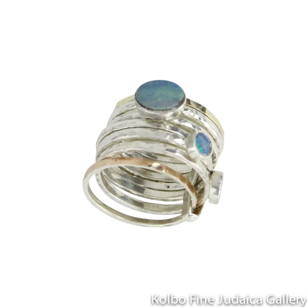 Ring, Stackable Hammered Bands with Blue Opals, Sterling Silver and Gold Filled