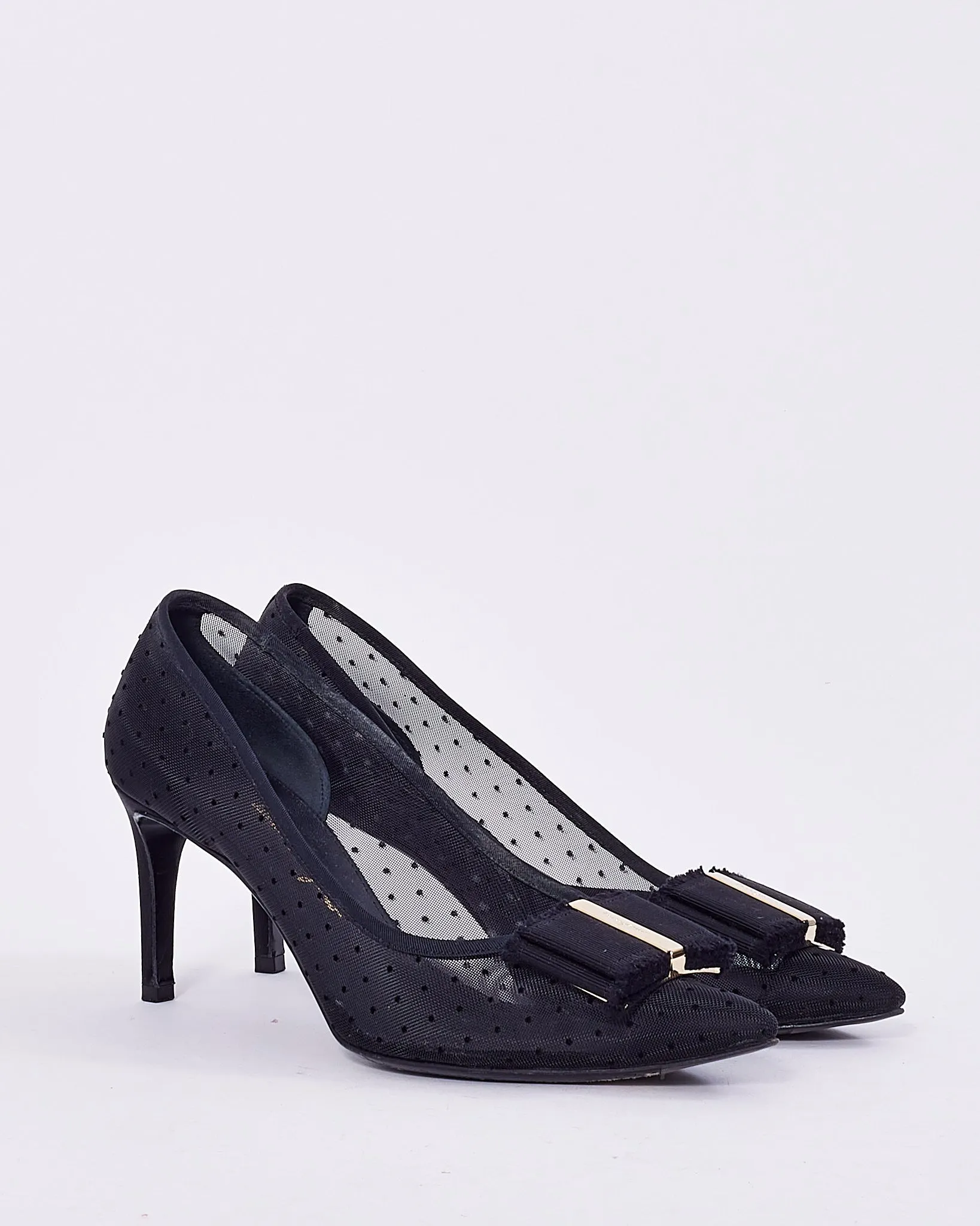 Salvatore Ferragamo Black Mesh Polka Dot Point Toe Pumps - 7