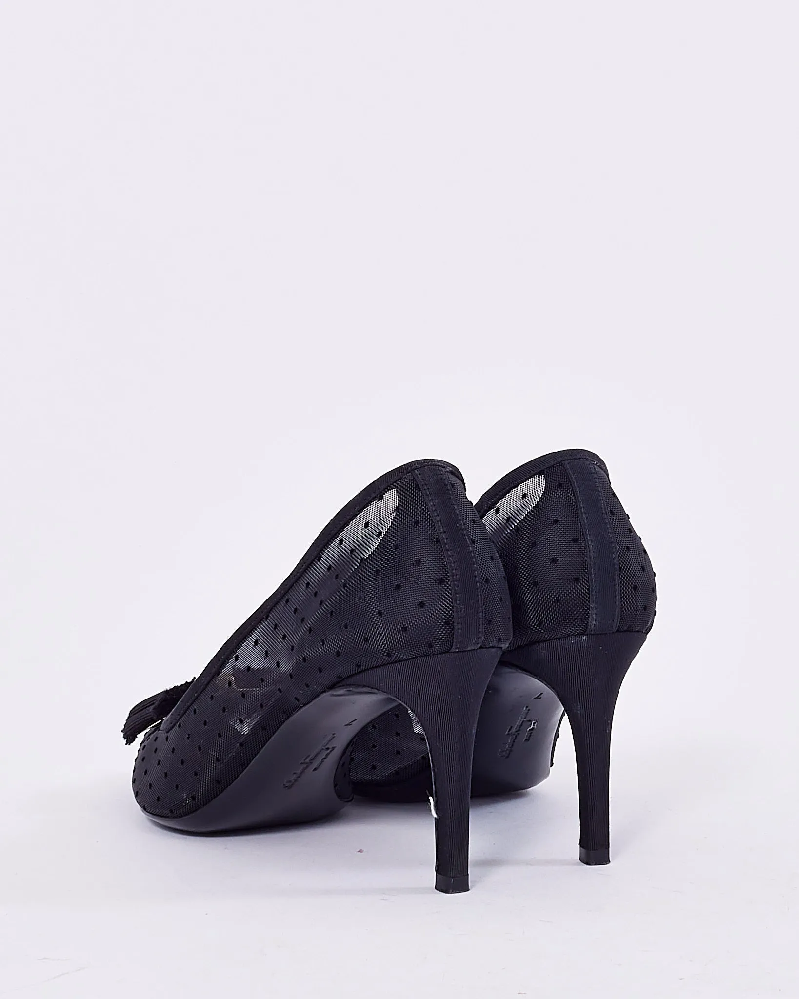 Salvatore Ferragamo Black Mesh Polka Dot Point Toe Pumps - 7