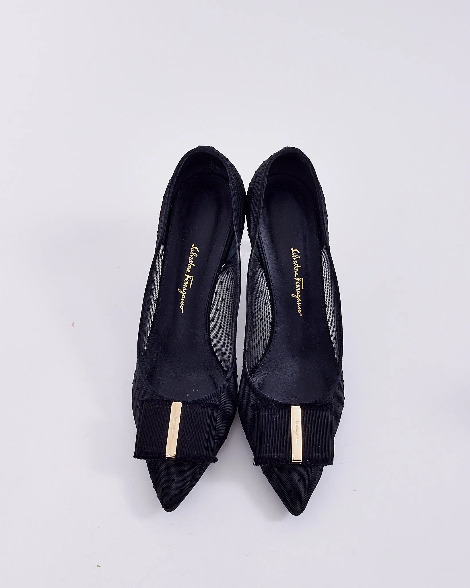 Salvatore Ferragamo Black Mesh Polka Dot Point Toe Pumps - 7