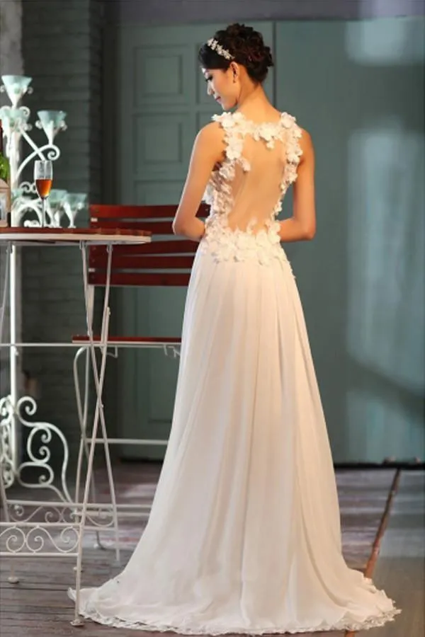 Sheer Back A-Line V-Neck Floor-Length Chiffon Wedding Dress WD084