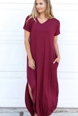 Solid Relaxed Maxi Dress: Wine Red