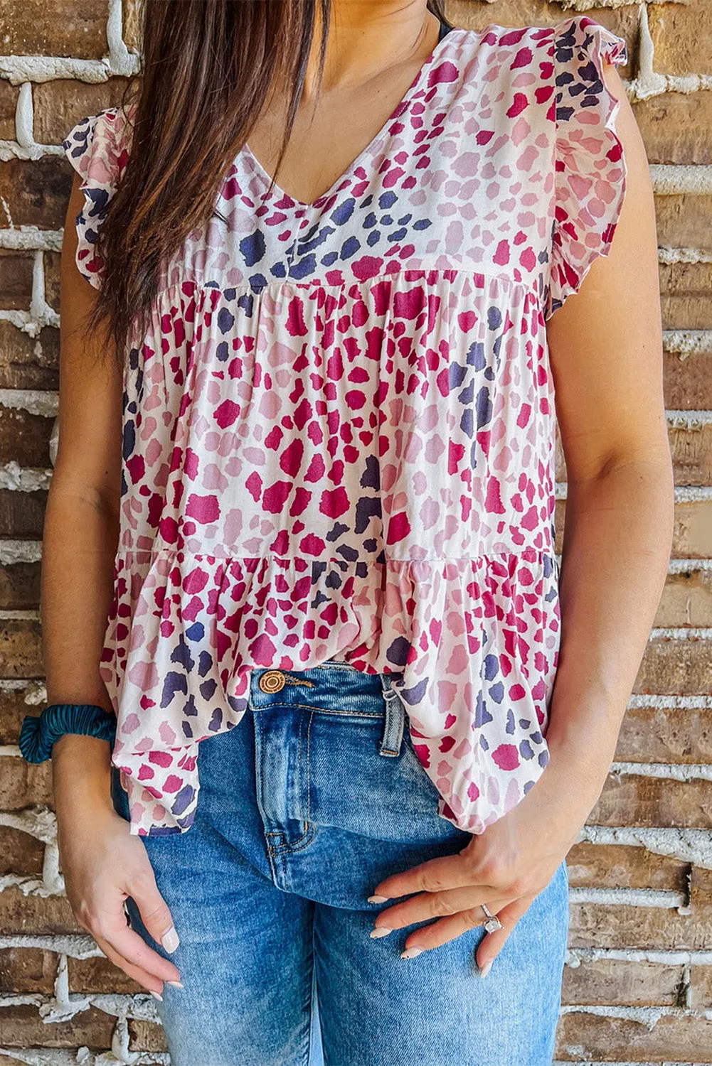 Spotted Print Ruffled V Neck Tank Top
