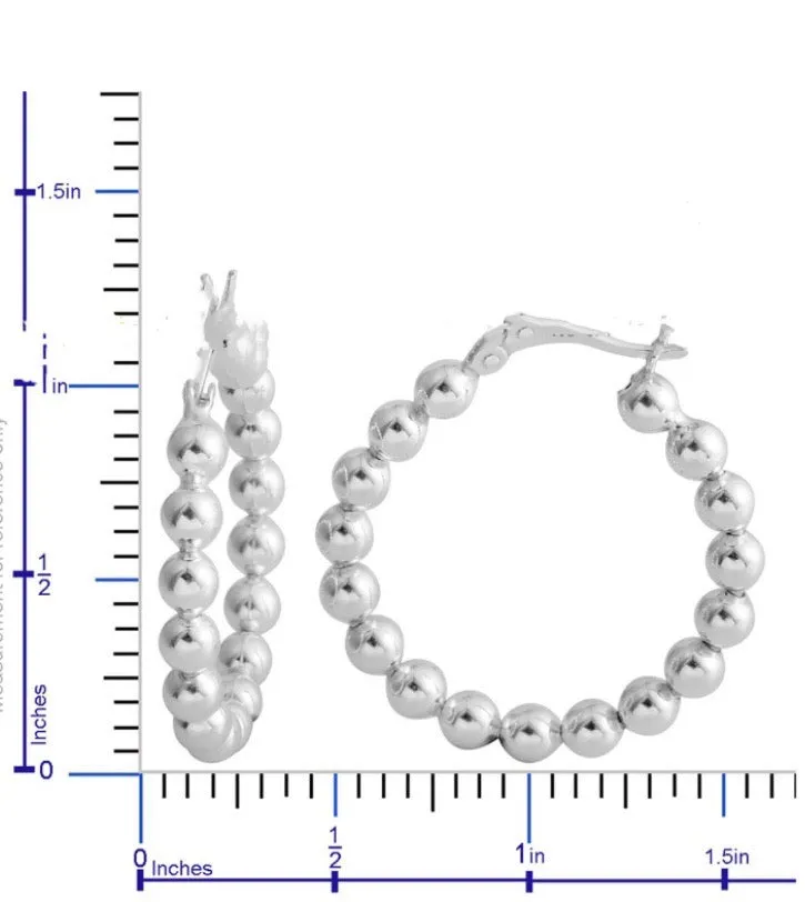 Sterling Silver Beaded Hoop Earrings 1.37”
