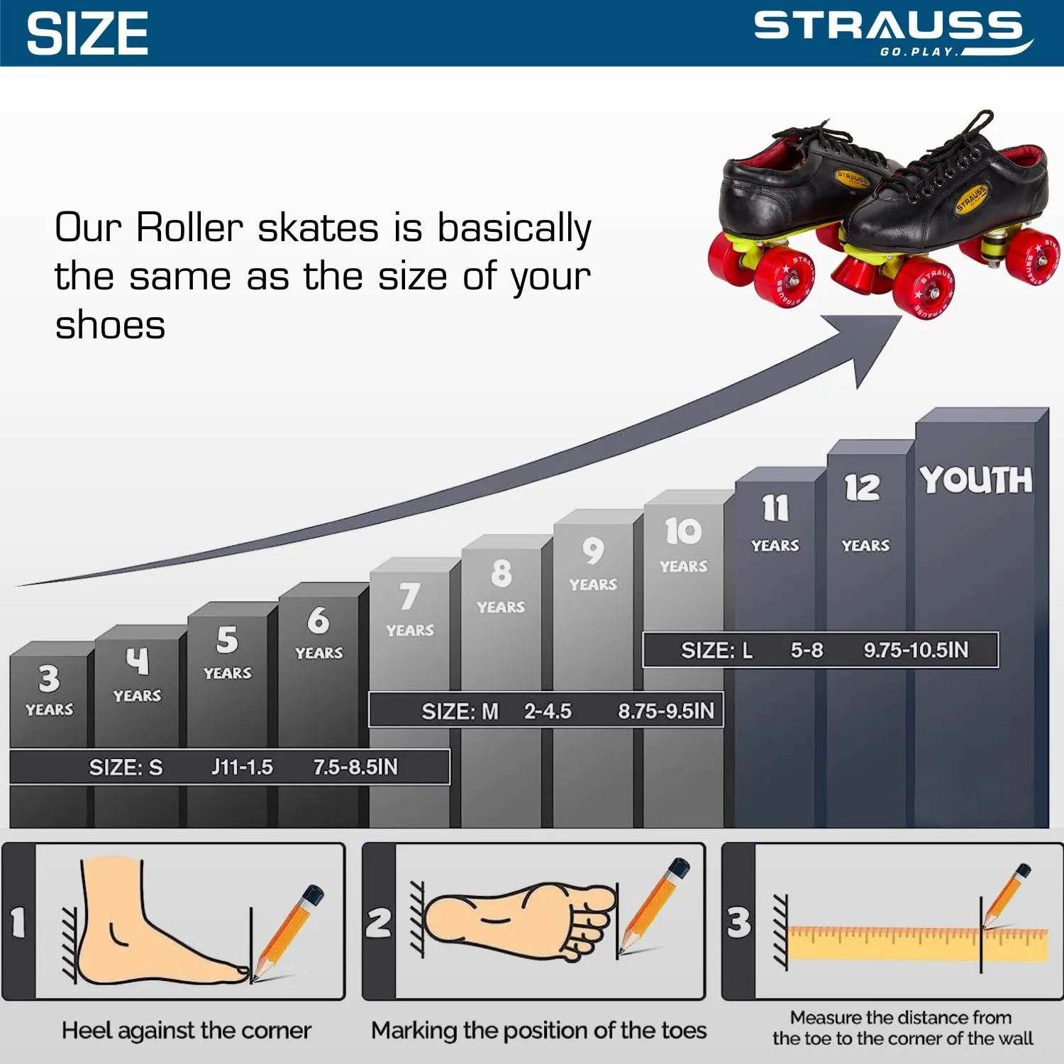 STRAUSS Gripper Skating Shoes: Fixed Body Roller Skates with Adjustable Fit | Includes 1 Shoe Skate | Size 13 | Red/Black