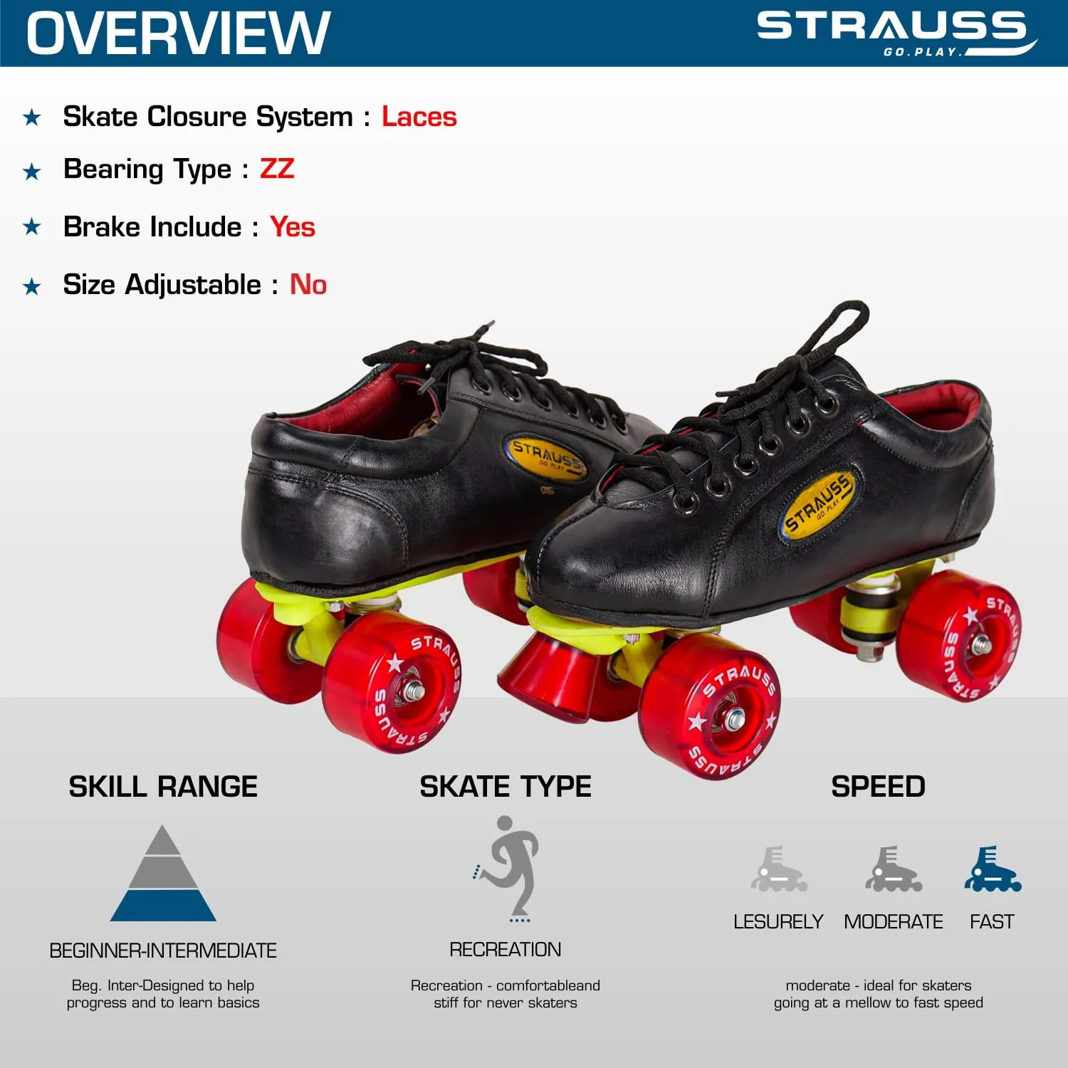 STRAUSS Gripper Skating Shoes: Fixed Body Roller Skates with Adjustable Fit | Includes 1 Shoe Skate | Size 13 | Red/Black
