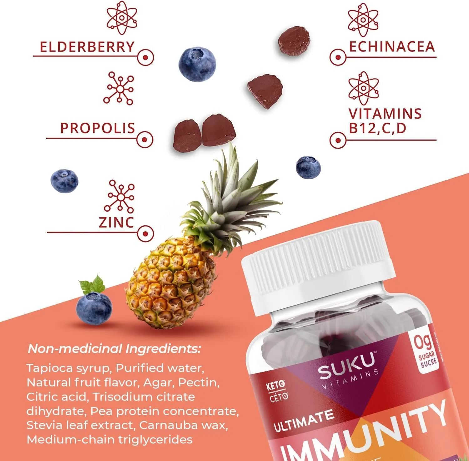 Suku Vitamins Ultimate Immunity   Elderberry - Blueberry Pineapple (60 Gummies)