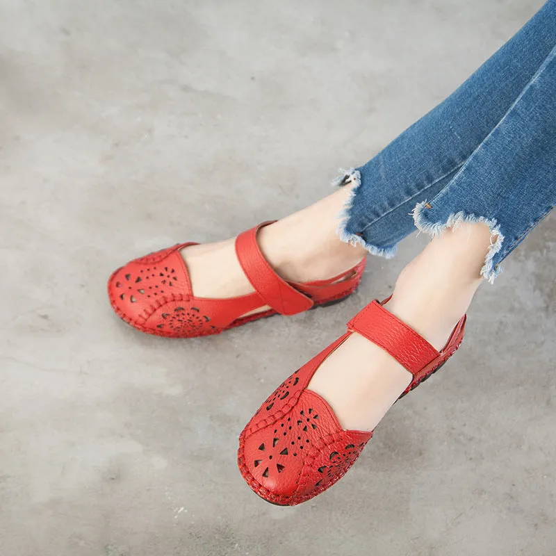 Summer Leather Sandals Women's Flat Heel Hollow Retro Soft Sole Comfortable