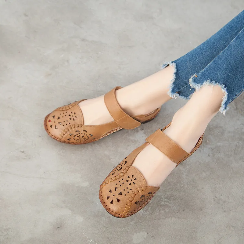 Summer Leather Sandals Women's Flat Heel Hollow Retro Soft Sole Comfortable