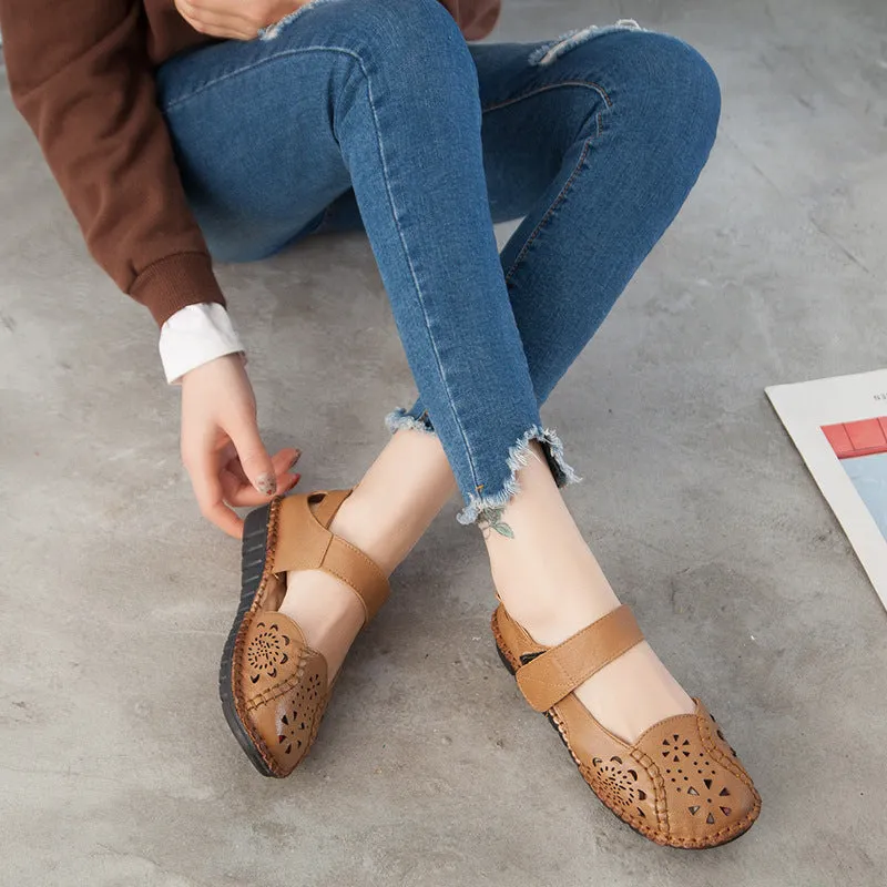 Summer Leather Sandals Women's Flat Heel Hollow Retro Soft Sole Comfortable