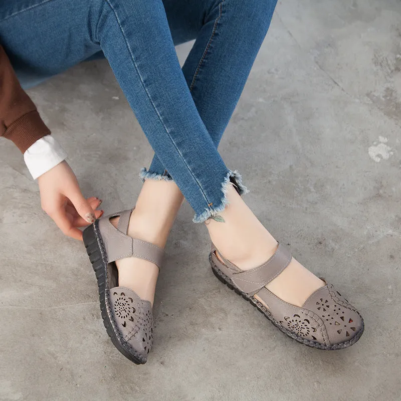 Summer Leather Sandals Women's Flat Heel Hollow Retro Soft Sole Comfortable