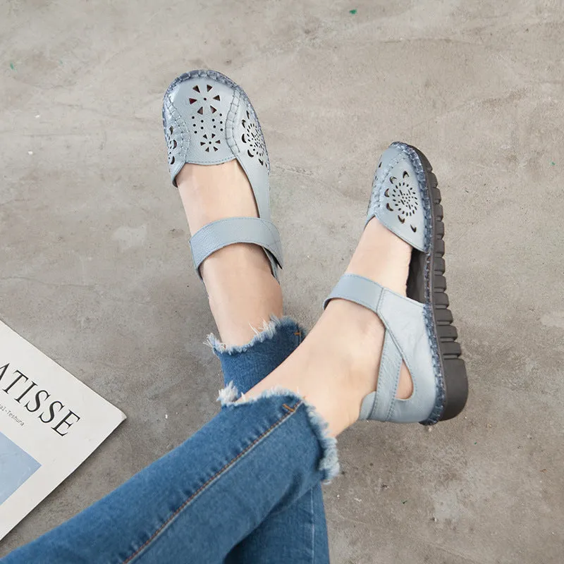 Summer Leather Sandals Women's Flat Heel Hollow Retro Soft Sole Comfortable