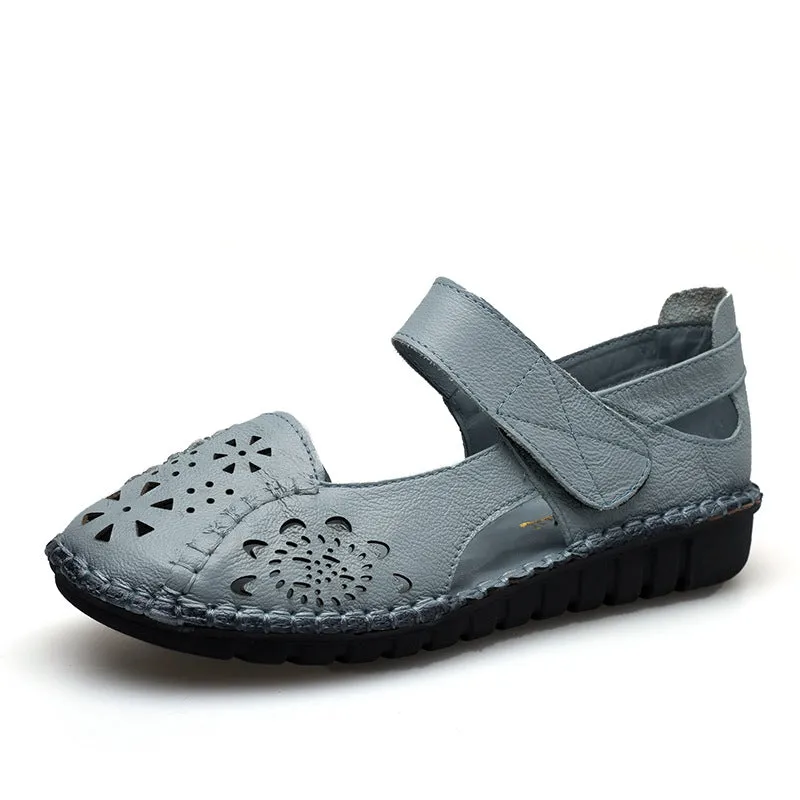 Summer Leather Sandals Women's Flat Heel Hollow Retro Soft Sole Comfortable