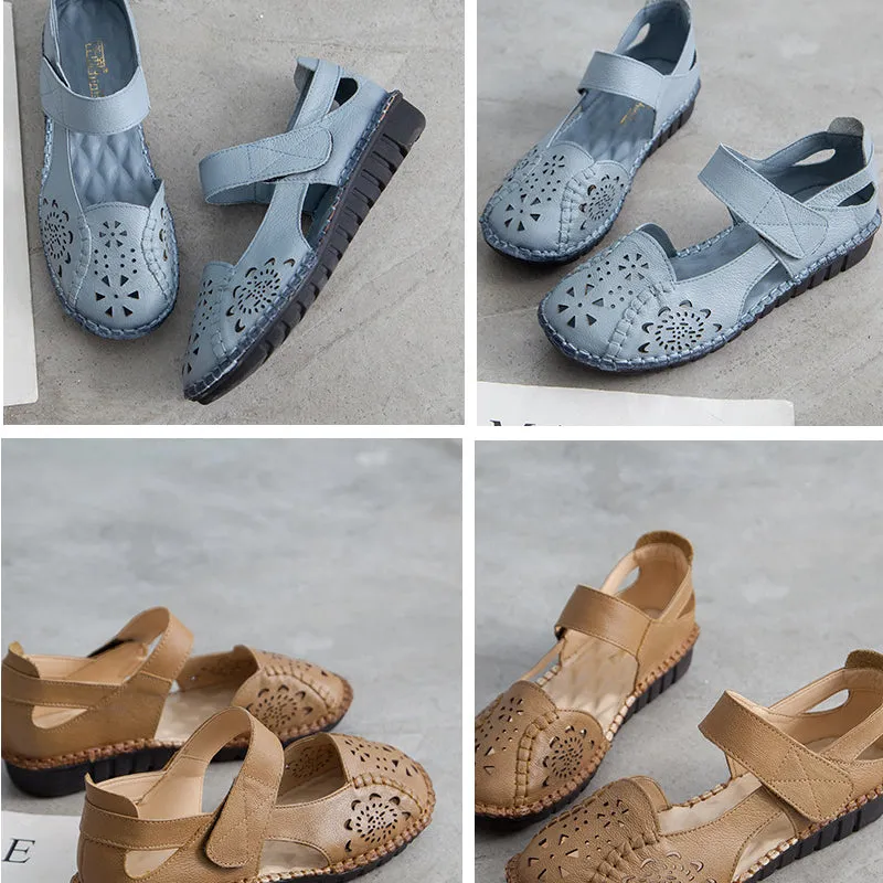 Summer Leather Sandals Women's Flat Heel Hollow Retro Soft Sole Comfortable