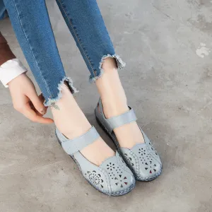Summer Leather Sandals Women's Flat Heel Hollow Retro Soft Sole Comfortable