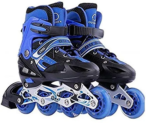 Toy Arena Inline Skates with PU Flashing Wheel Aluminum Body in-Line Skates with Adjustable Length for Age 10-16 Years (Blue)