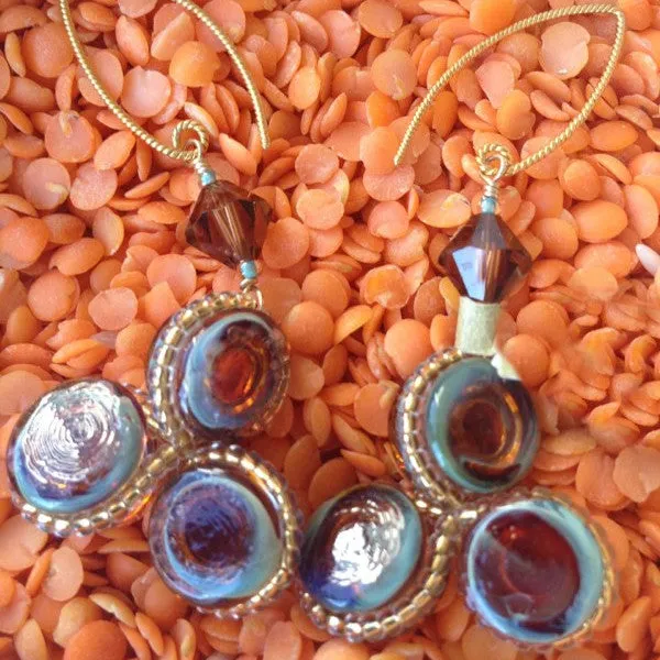 Triple Teal / Carmel murano glass earrings, 24k Gold Plated