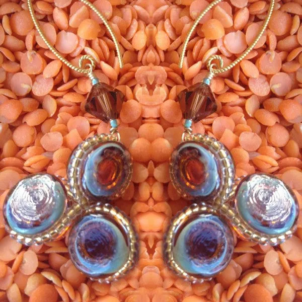 Triple Teal / Carmel murano glass earrings, 24k Gold Plated