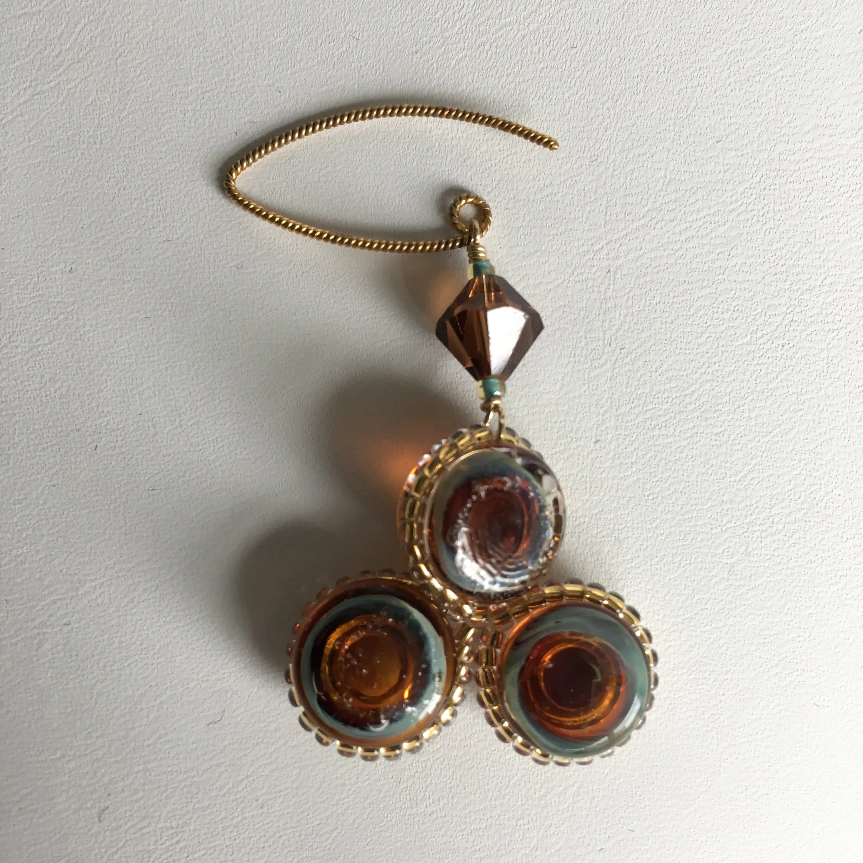 Triple Teal / Carmel murano glass earrings, 24k Gold Plated