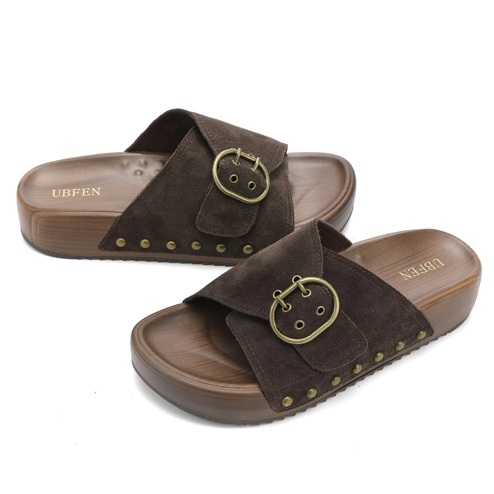 UBFEN Womens Platform Sandals Slides Genuine Leather Adjustable Buckle and Cushion Footbed Comfortable Slip On Retro Shoes Brown Size US 7