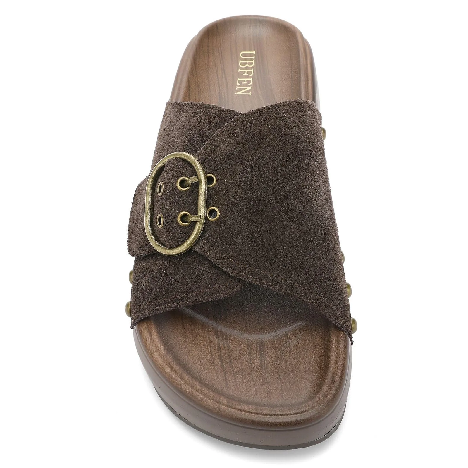 UBFEN Womens Platform Sandals Slides Genuine Leather Adjustable Buckle and Cushion Footbed Comfortable Slip On Retro Shoes Brown Size US 7