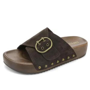UBFEN Womens Platform Sandals Slides Genuine Leather Adjustable Buckle and Cushion Footbed Comfortable Slip On Retro Shoes Brown Size US 7