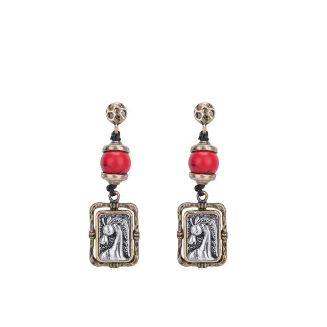 USA Western Cowgirl Two Tone Embossed Horse Head Animal Drop Earring Handmade Cord Women Jewelry