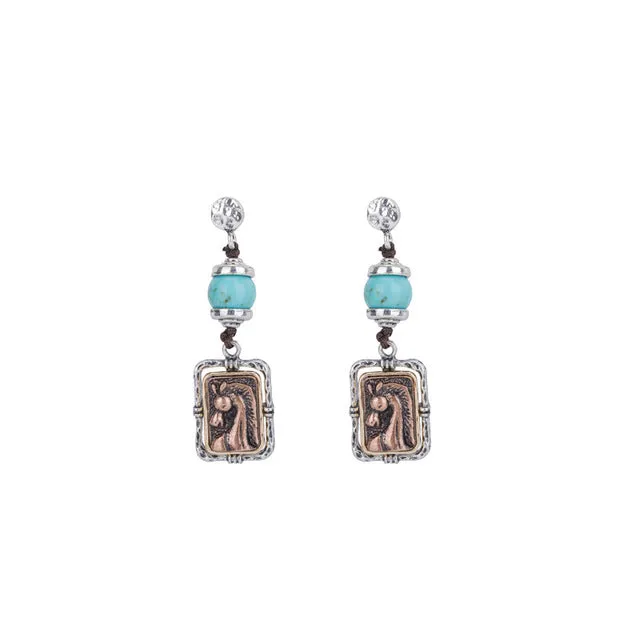 USA Western Cowgirl Two Tone Embossed Horse Head Animal Drop Earring Handmade Cord Women Jewelry
