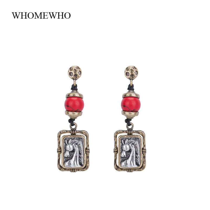 USA Western Cowgirl Two Tone Embossed Horse Head Animal Drop Earring Handmade Cord Women Jewelry