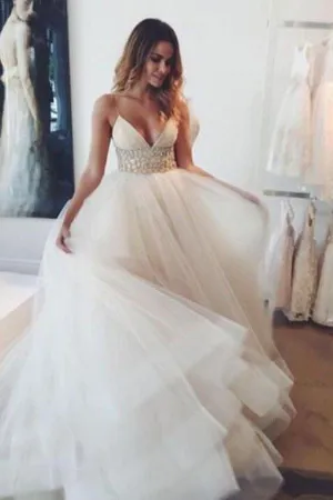 V-neck Sweep Train Spaghetti Straps Ivory Tulle Wedding Dress With Lace TN0043