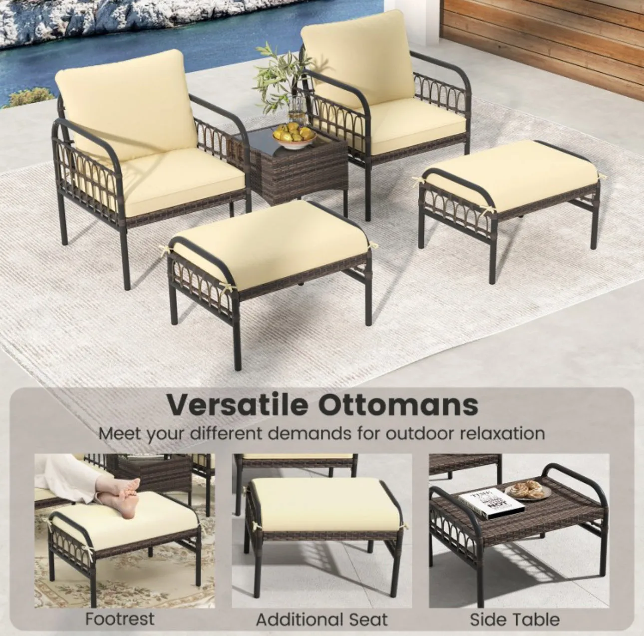 Very Relaxing Heavy Duty Beige 5-Piece Patio Rattan Conversation Set With Ottomans | Coffee Table | Comfy Cushions
