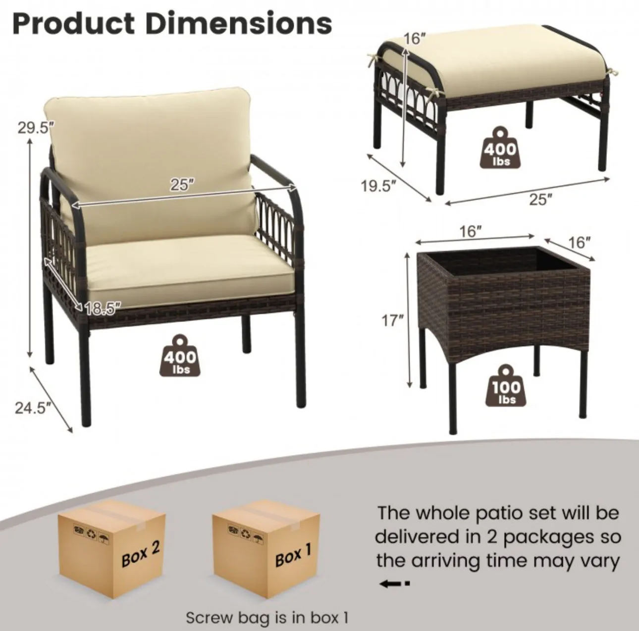 Very Relaxing Heavy Duty Beige 5-Piece Patio Rattan Conversation Set With Ottomans | Coffee Table | Comfy Cushions