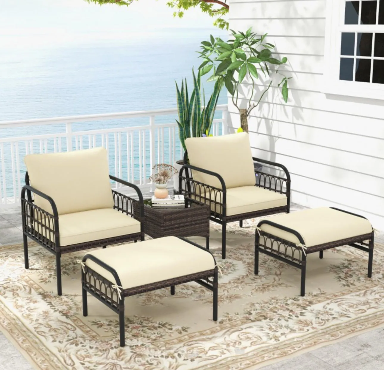Very Relaxing Heavy Duty Beige 5-Piece Patio Rattan Conversation Set With Ottomans | Coffee Table | Comfy Cushions