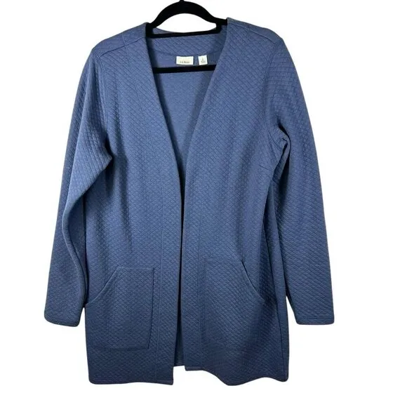 Vintage 90s L.L. Bean Womens L Blue Waffle Knit Long Cardigan Sweater Lagenlook