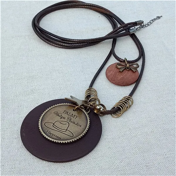 Vintage Long Handmade Leather Alloy Necklace