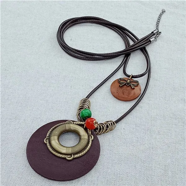 Vintage Long Handmade Leather Alloy Necklace
